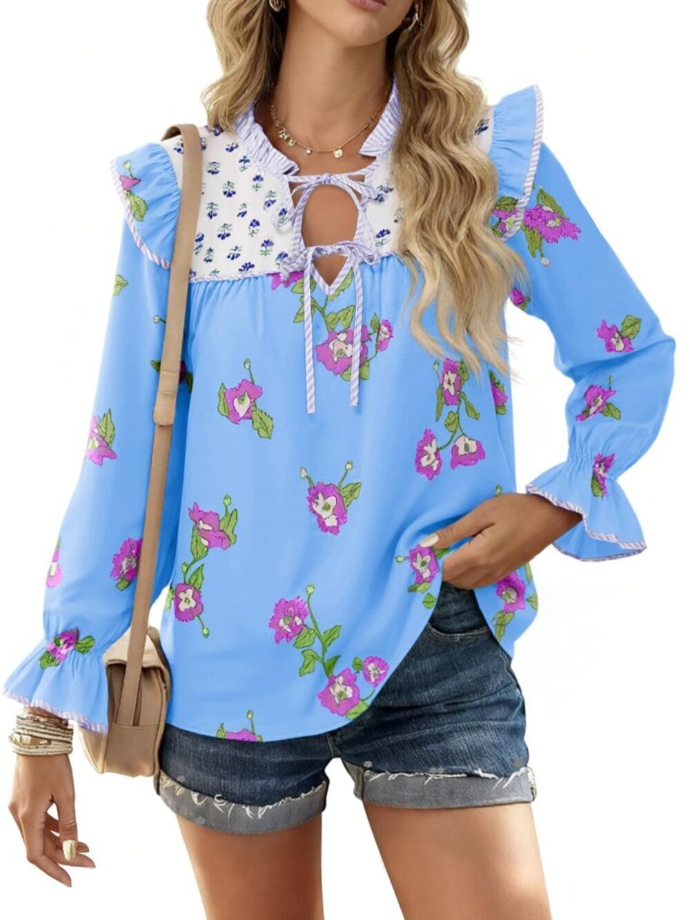 💙 Blue Floral Babydoll Blouse | Ruffle Tie Neck | Puff Sleeve | Size L | NWT